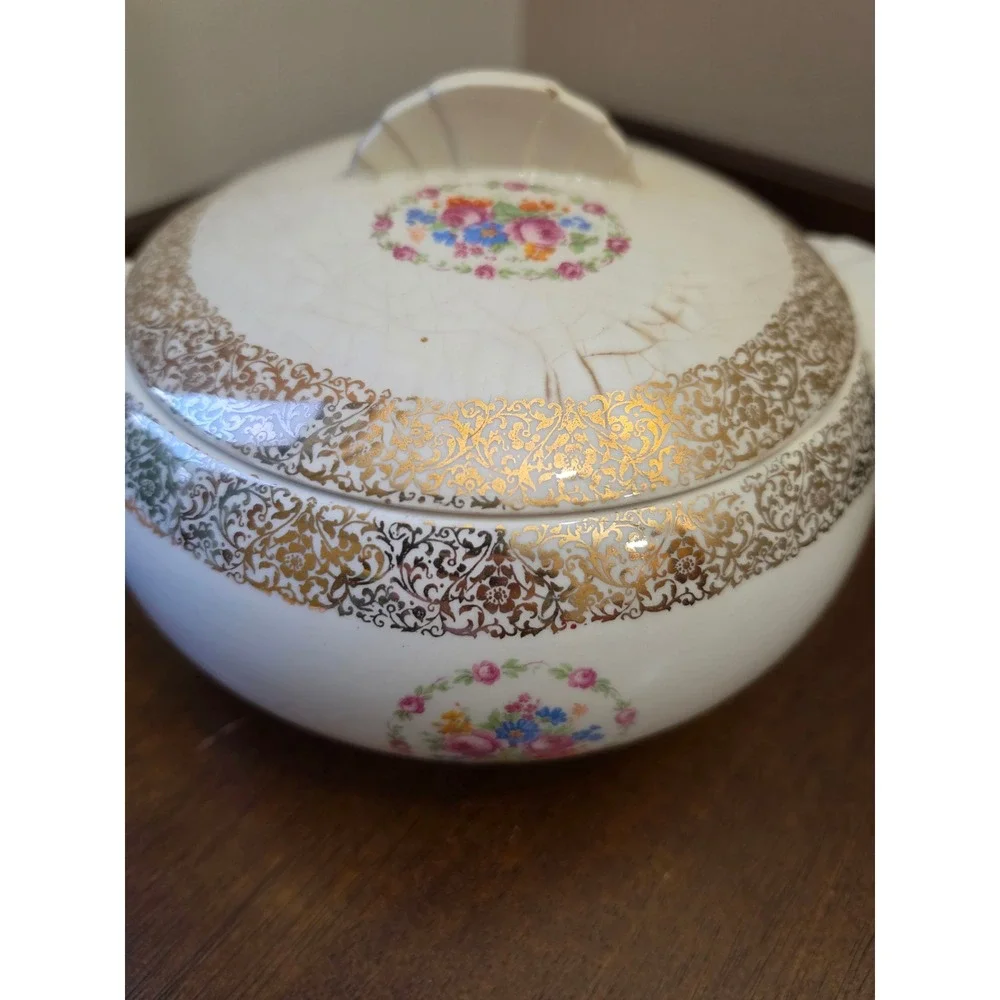 Vintage Paden City Pottery Bak-Serv Lidded Tureen Casserole Dish 22K Gold 1930s